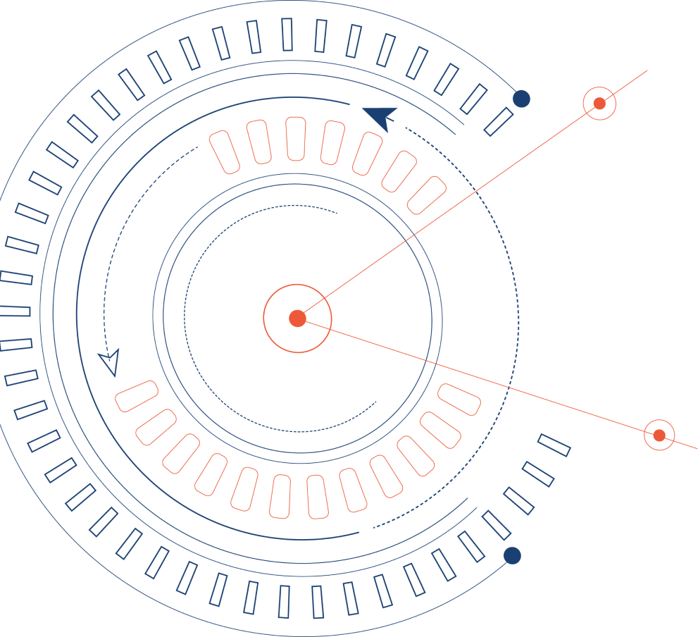 Futuristic, abstract circular design with concentric layers of blue and red arcs, lines, and dots. Blue arrows point in clockwise direction, while red arrows extend from the center to the outer layers, giving the appearance of a technological interface or radar.