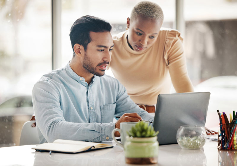 A man and a woman are collaborating in a modern office setting. The man, seated, is focused on a laptop screen, while the woman stands beside him, leaning in to look at the screen. A notebook, plant, and pen holders are on the desk. Light streams in from a window.