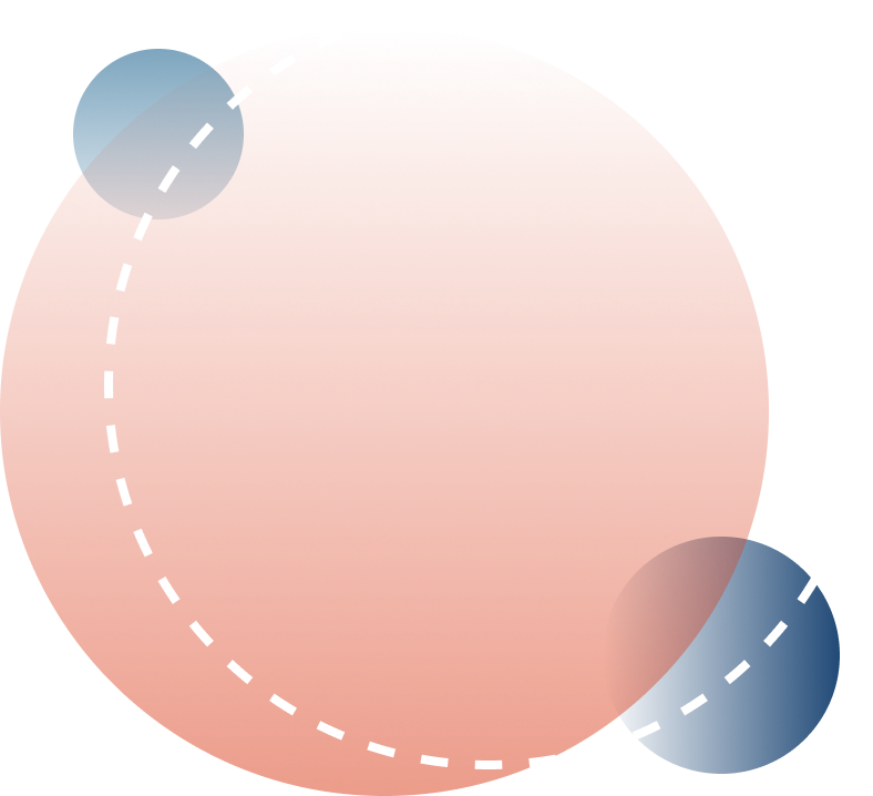 An abstract image features a large red circle with a dashed white arc overlaying it. Two smaller, semi-transparent blue circles intersect with the red circle at different points.